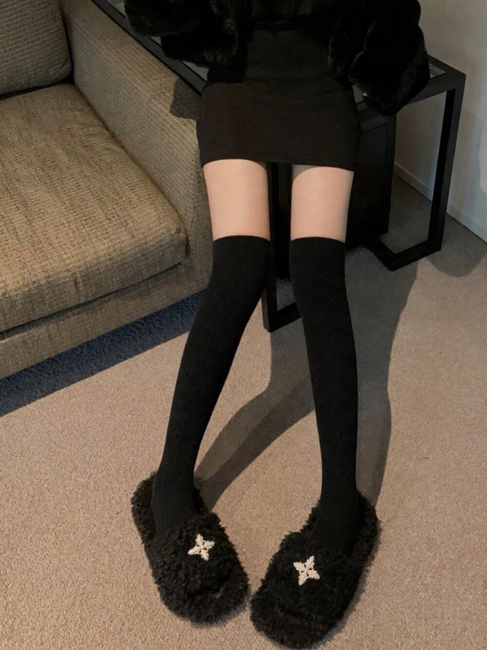 Black Calf High Socks 2 Pairs Sheer Knit JK Leg Warmers